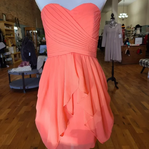 New Coral Peach Chiffon Strapless Dress - Picture 2 of 12